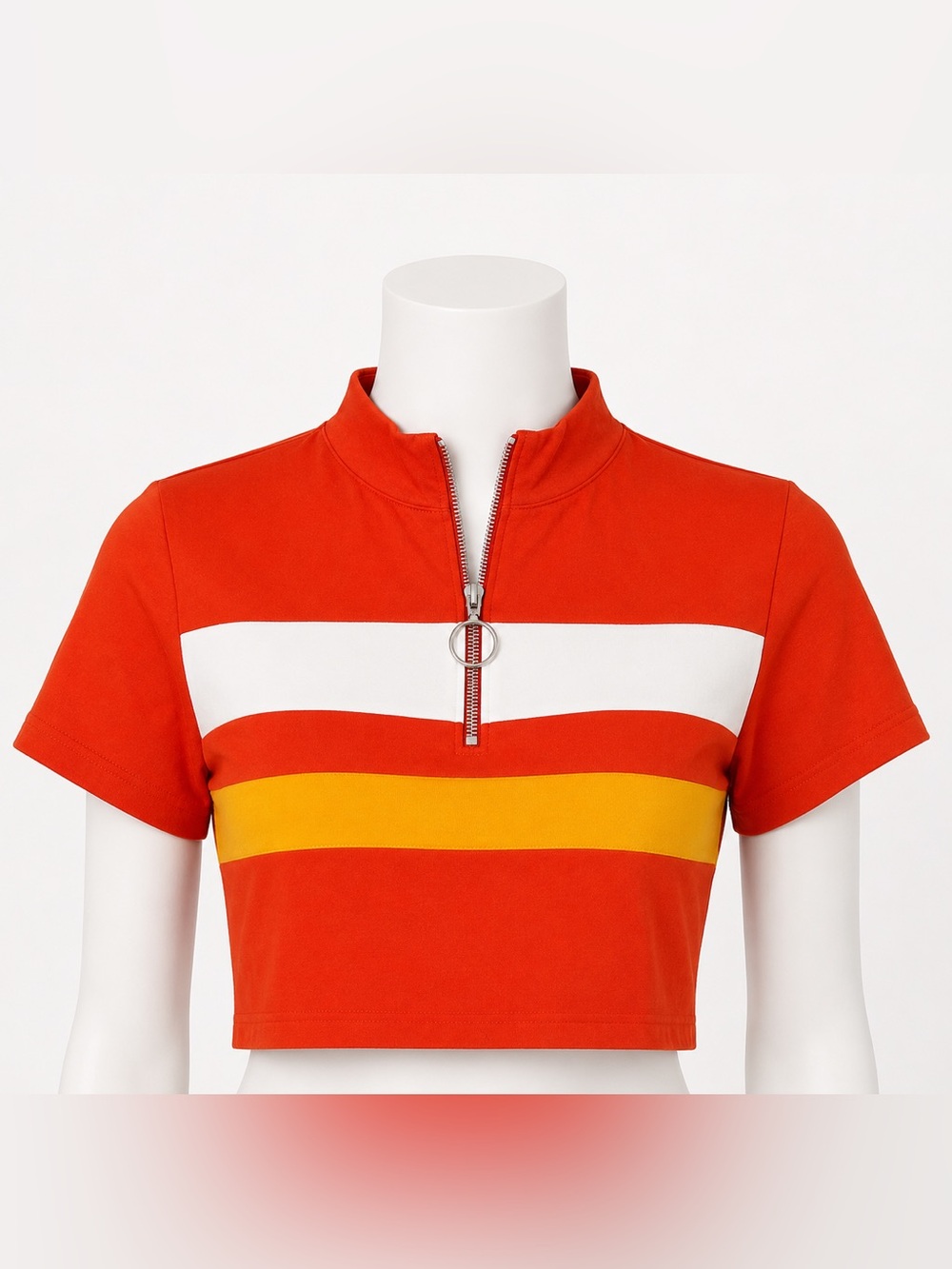defrost Y2K Orange, Striped, Short Sleeve, Quarter Zip Up, Crop Top- S
